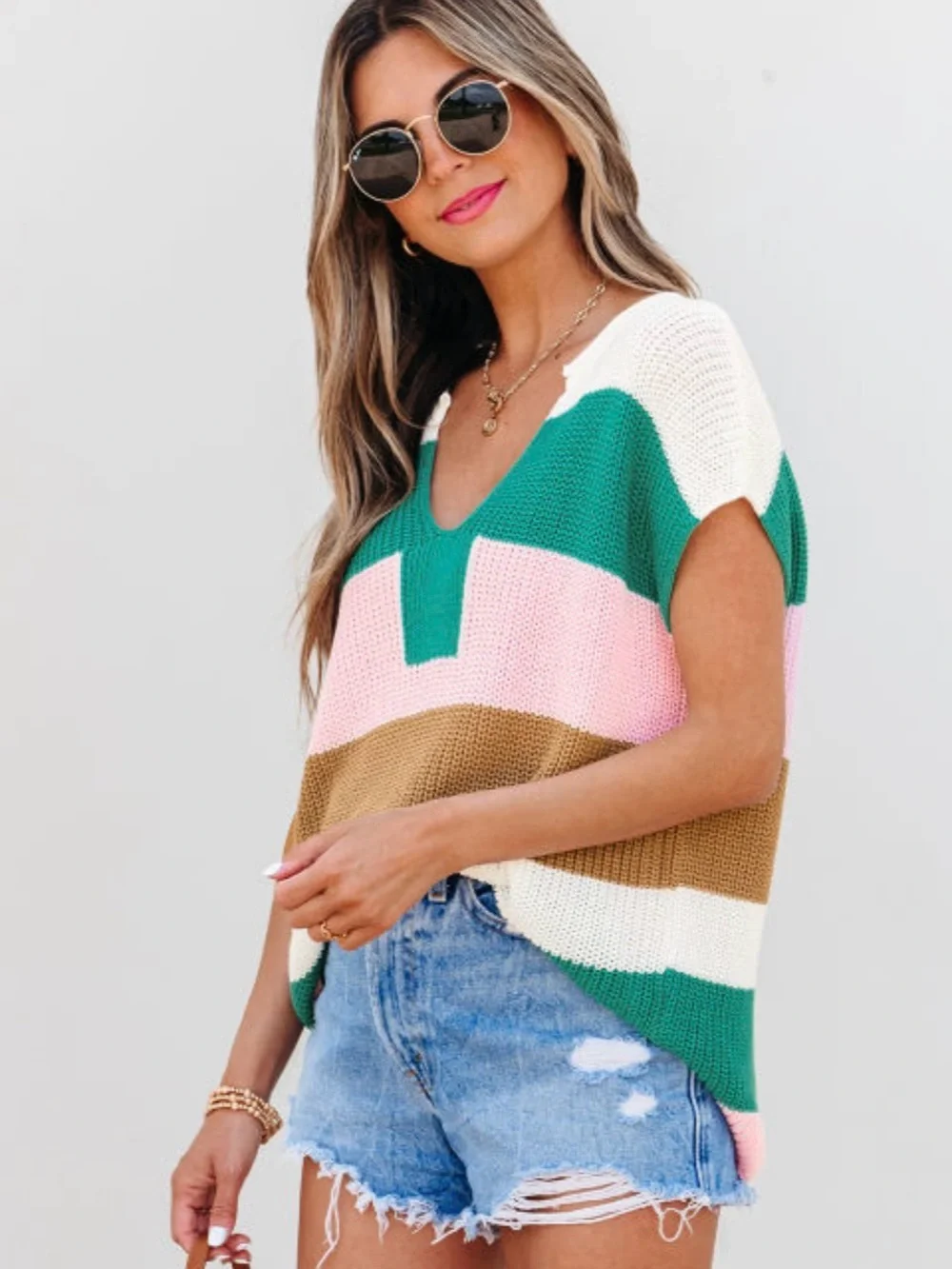 Knit Colorblock V-Neck Sleeveless Sweater Vest - Pink/Green/White